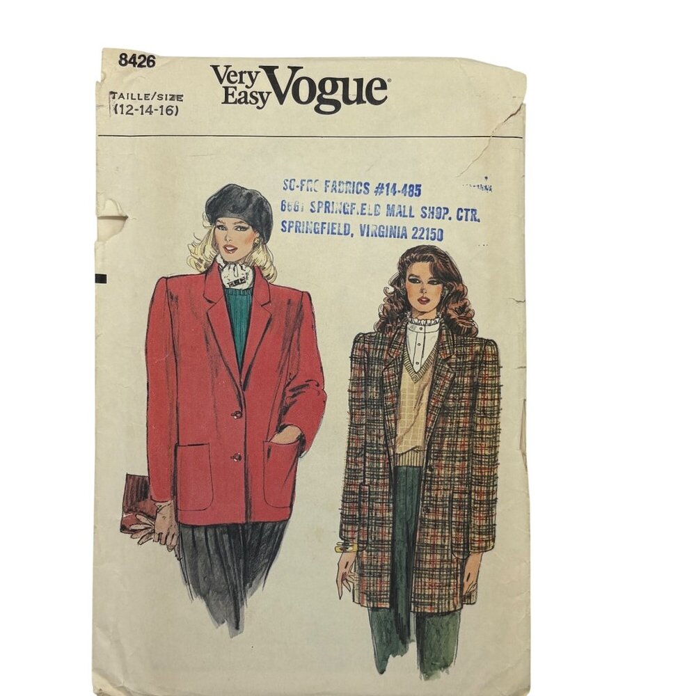 Vintage Very Easy Vogue 8426 Sewing Pattern For Womens Jackets Size 12-14-16